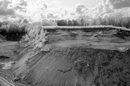infrared surreal landscape, infrared photography, is a photo of landscape with tree under sky with clouds, the art of our world and plants in the infrared camera spectrumの写真素材