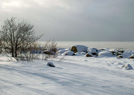 beautiful winter landscape with footprints in the snow, white snow covered dunes, seashore, winter dayの写真素材