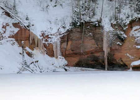 Scenic and impressive up to 600 m long and 21 m high outcrop on the river bank. The snow is covered by a river and a rock. It consists of reddish-brown sandstone outcrops of the Gauja suite. Springu rock, Latviaの写真素材