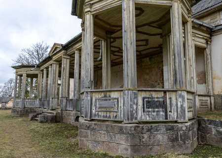 landscape with Burtnieki manor house, wooden building in the park, Burtnieki, Latviaのeditorial素材