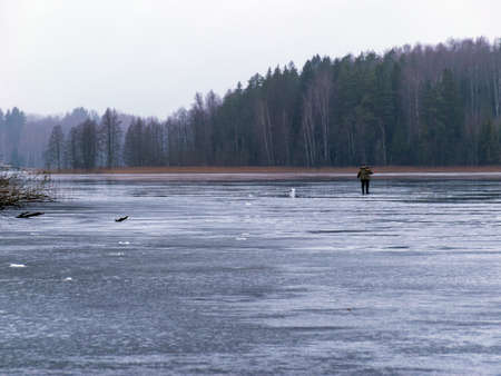 winter landscape with frozen lake, silhouettes of naked trees on the shores, water reflectionsの写真素材