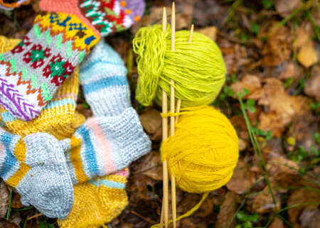 photography with knitted socks on a natural earth background, handicraft concept, knitting as a hobby, a good way to spend free time is handicraftsの写真素材