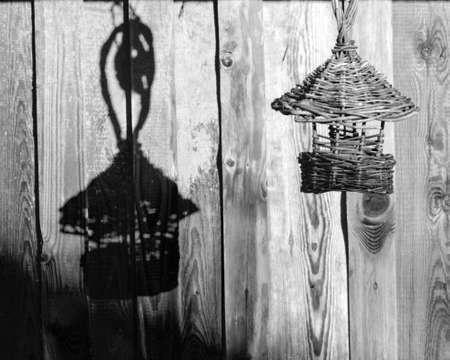 black and white shadow games on a wooden barn wall, bird feeder and shade, morning lightの写真素材