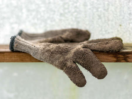 picture with dirty gardener gloves on a wooden board