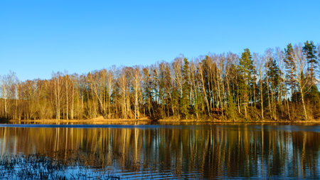 colorful spring landscape with reflections of lakes, clouds and trees on a calm water surfaceの写真素材