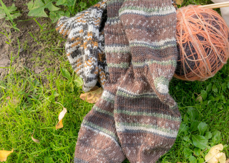 photo with knitwear and flowers on a background of green grass, beautiful knit texture, blurred...