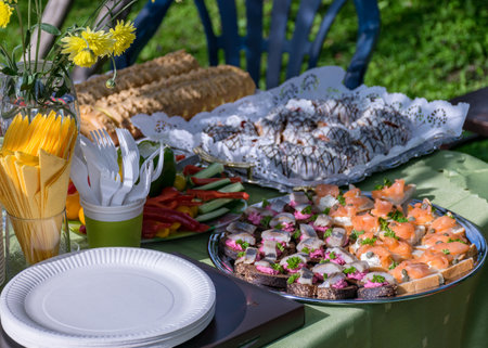 delicious close-up of food on the festive table, picnic in the garden, garden festivities