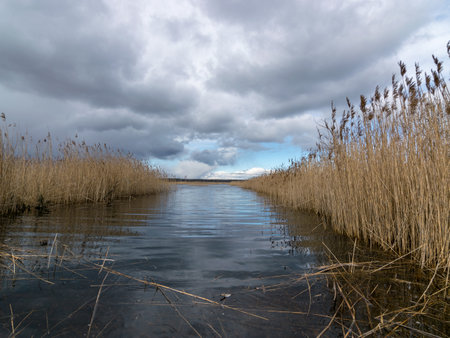 beautiful landscape with lake and sky in backlight, blurred water in the foregroundの写真素材