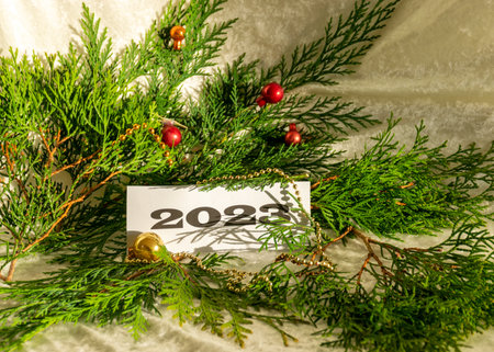 Christmas decorations, green needles, colorful ornaments, text 2023, Merry Christmas and Happy New...