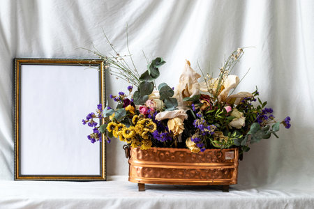 Photo frame mockup with dried dry flowers in a vase, still life on a light background