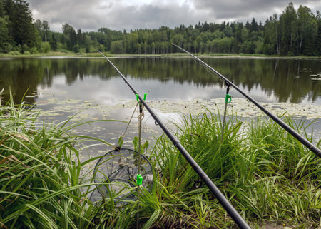 sunny summer landscape by the lake, trees and cumulus clouds reflect in the lake water, shore overgrown with reeds, lake grass and fisherman's fishing rod in the foregroundの写真素材