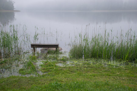 mystical fog picture, lake view with white fog, wooden bench in foreground, blurred misty lake backgroundの写真素材