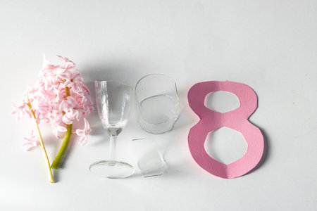 colorful number 8, broken glass, flowers, spring time