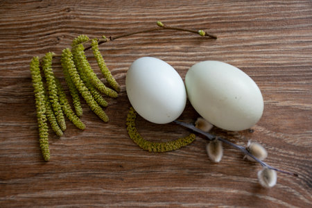 still life with simple chicken eggs, soft pastel colors, natural color chicken eggs, flowers, Easter...