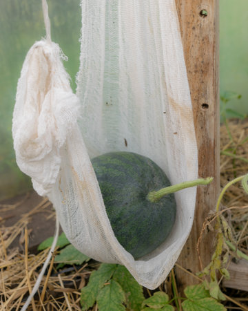 watermelon hung on a piece of clothing so as not to fall, greenhouse, harvest time, autumn gardenの写真素材