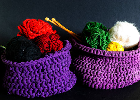 crocheted basket with different yarn threads, women's hobby knitting, color thread for knitting, knitting conceptの写真素材