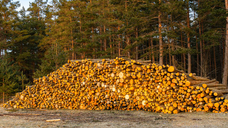 winter landscape with firewood taken out of the forest, firewood in the dirt of the road, energy crisis, heating conceptの写真素材
