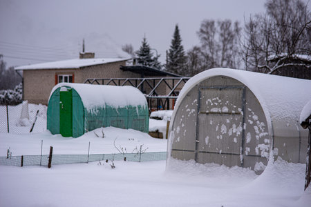 garden in winter, greenhouse covered with snow, trees, garden house and garden accessoriesの写真素材