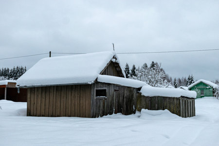 garden in winter, covered with snow, fruit trees, garden house and garden accessories, small garden in winterの写真素材
