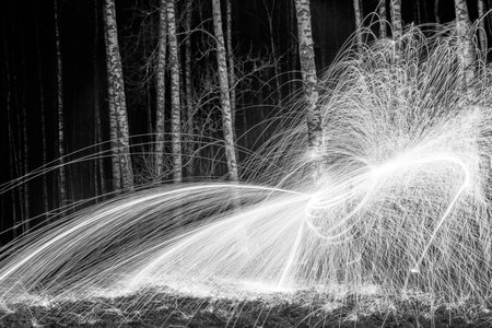 monochrome photo with silhouettes of trees against illuminated lights, light paintings, black and white photographyの写真素材
