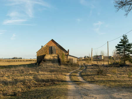 an old building in an overgrown field, a spring field and an old building.の写真素材