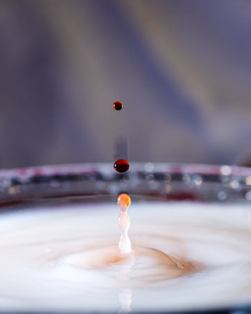 abstract picture with colored drop of various shapes, blurred background, water drop splash, close focus, grainy water textureの写真素材