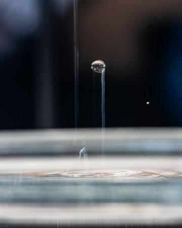 abstract picture with colored drop of various shapes, blurred background, water drop splash, close focus, grainy water textureの写真素材