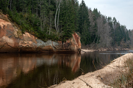 landscape with sandstone cliffs on the river bank, sandy river bank, old last year's grass, nature...