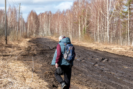 spring landscape with muddy swamp, forest road, spring, lonely traveler on a dirty wet road, springの写真素材