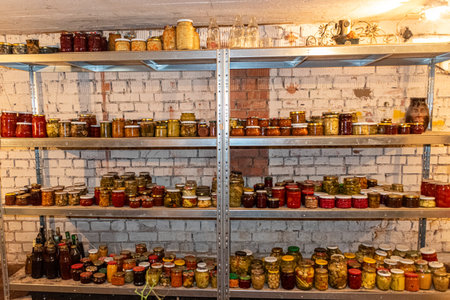 homemade preserves, food storage, home food storage in the basement, food in glass jarsの写真素材