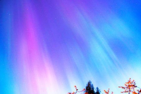 landscape with gorgeous northern lights over the roof of the house, brightly colored aurora, springの写真素材
