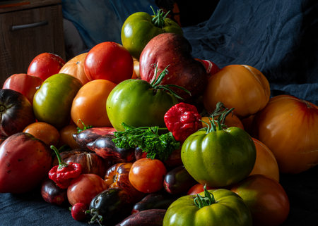 Tomatoes of different colors and shapes, group of colorful tomatoes, seasonal vegetables, autumn harvest timeの写真素材