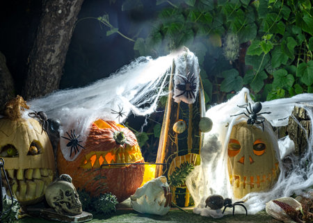 Unusual original Halloween composition, scary Jack O Lantern Halloween pumpkins in the dark, carved pumpkins with different faces surrounded by different Halloween decorationsの写真素材