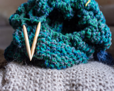 variegated knitting yarn and knitting needles, knitting fashion, wool yarn and needles, knitting...