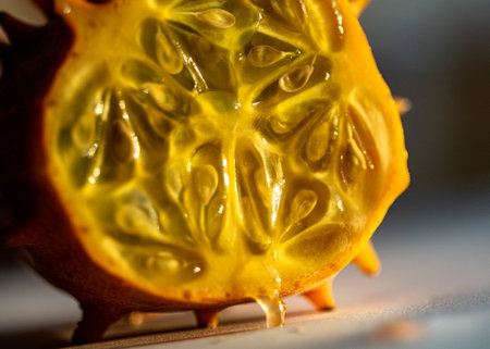 photo of a cutaway of Cucumis metuliferus, commonly known as African horned cucumber or kivano, in the melon family Cucurbitaceaeの写真素材