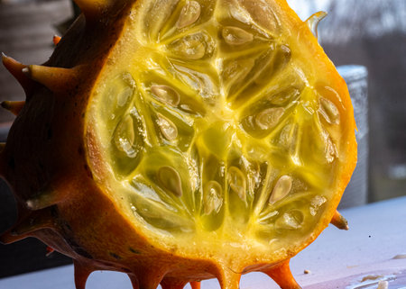 photo of a cutaway of Cucumis metuliferus, commonly known as African horned cucumber or kivano, in the melon family Cucurbitaceaeの写真素材
