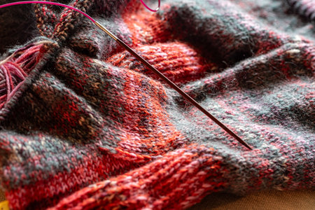 colorful knitted work in progress, handicraft concept, knit texture, wool handicrafts, hobby, winter...