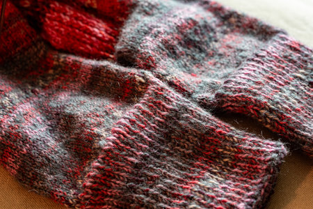 colorful knitted work in progress, handicraft concept, knit texture, wool handicrafts, hobby, winter activitiesの写真素材