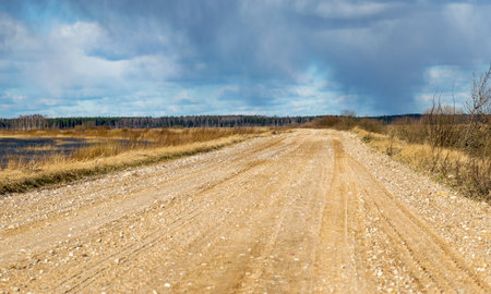 landscape with a simple country road, sunny spring dayの写真素材