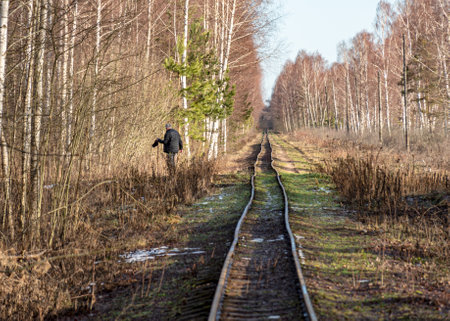 landscape with railway tracks, train tracks in a swamp, Sedas swamp, Latvia, winter