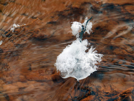 winter photography with ice, water and sandstone rocks, ice icicles, running water, winterの写真素材