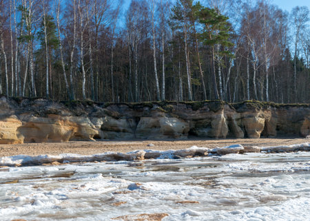 landscape with Veczemju cliffs, which are the most impressive and colorful group of sandstone cliffs on the coast of Vidzeme, ice cubes cover the dune area, Salacgriva region, Latviaの写真素材