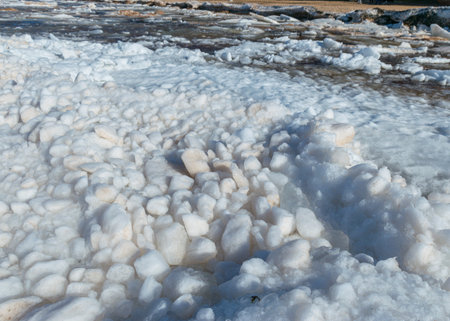 winter landscape by the sea, ice pieces of different sizes, winter