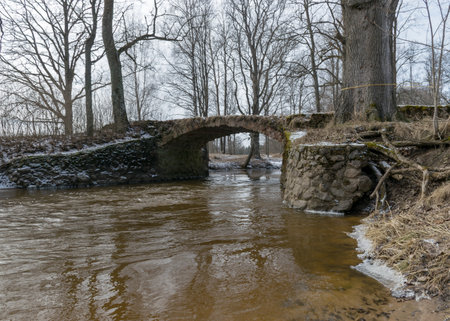 landscape with a continuous boulder stone bridge with a brick used for masonry, early spring, bare trees, snow plan on the ground, Stone arch bridge over the river Kuja, Madona, Latviaの写真素材