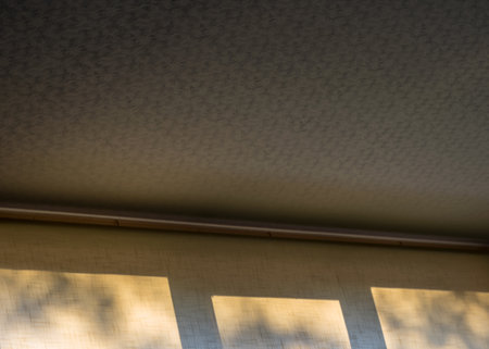 abstract play of light and shadow on the blinds by the windowの写真素材