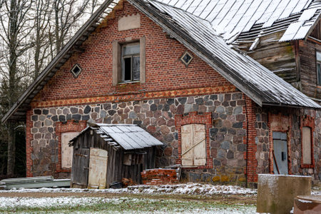 old, abandoned stone building and various house details, Latvia