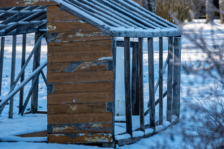 wonderful winter day, trees and grass covered with frost, broken, old film greenhouse in the garden, winterの写真素材