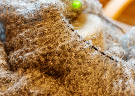 unfinished knitting, cozy, homely atmosphere, women's hobby knitting, yarn in warm colors, close-up with yarn, needles and unfinished needleworkの写真素材