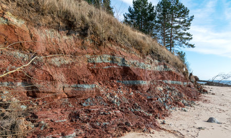 Sea, shore and sand, red clay bank, Vidzeme sea shore, Latvia, the Baltic Sea