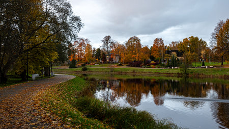 landscape with colorful trees in the city park, bright colors, reflections in the park pond, evening twilight, fall landscapeの写真素材